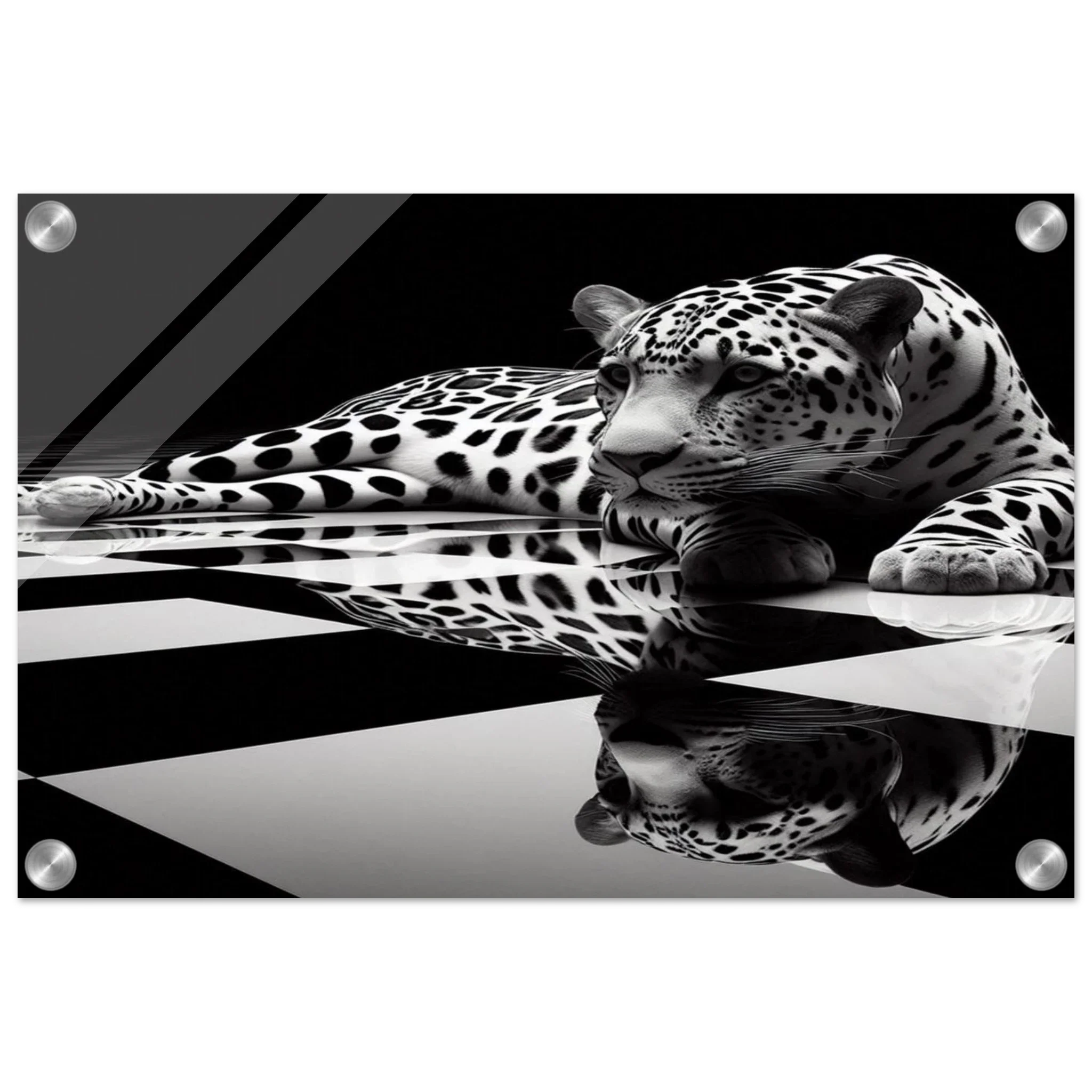 Leopard Acrylic Print on Black and White Checkered Floor – Glossy Finish Wall Art - Print Material -