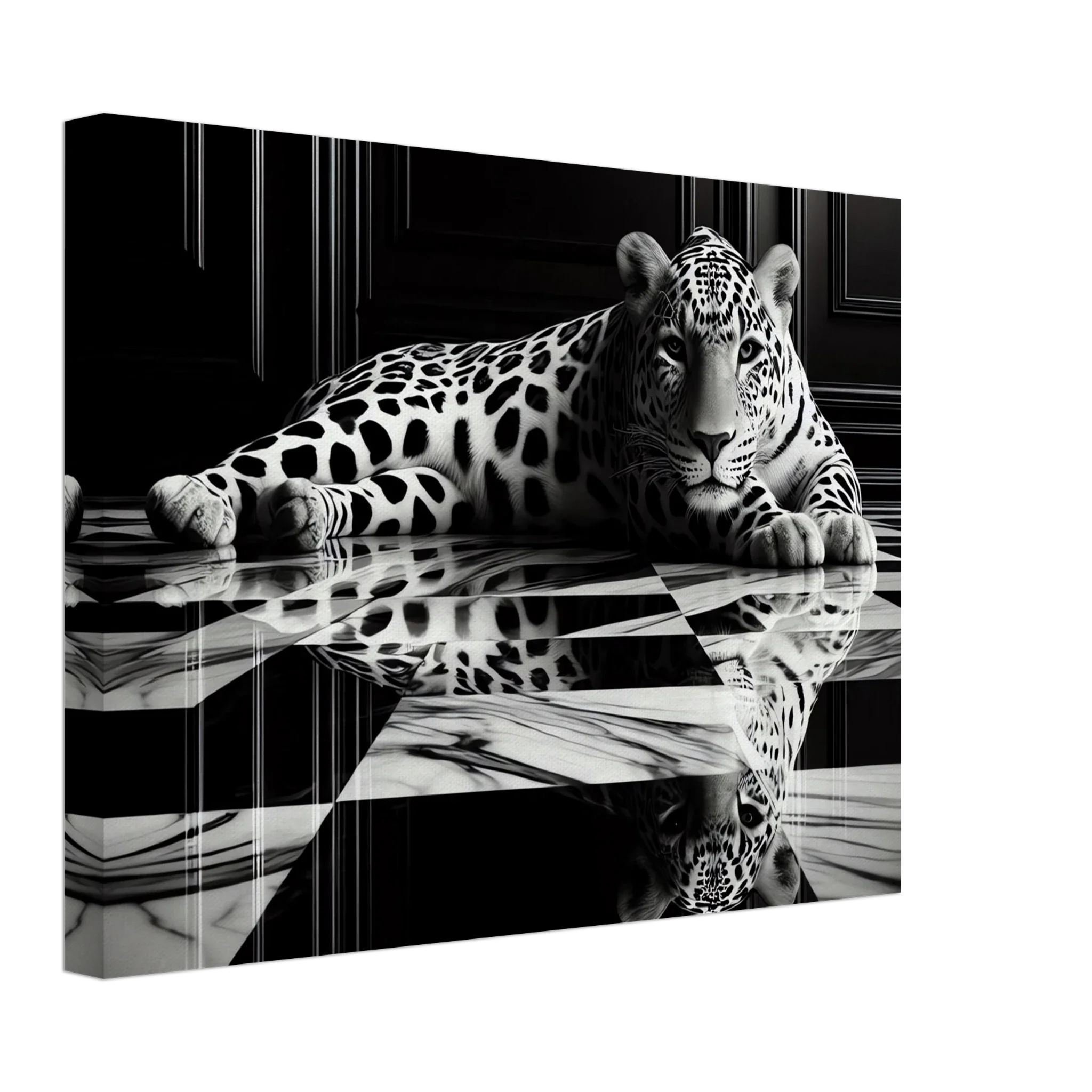Leopard Canvas Art Print – Striking Design on Black & White Checkered Marble Floor - Print Material -