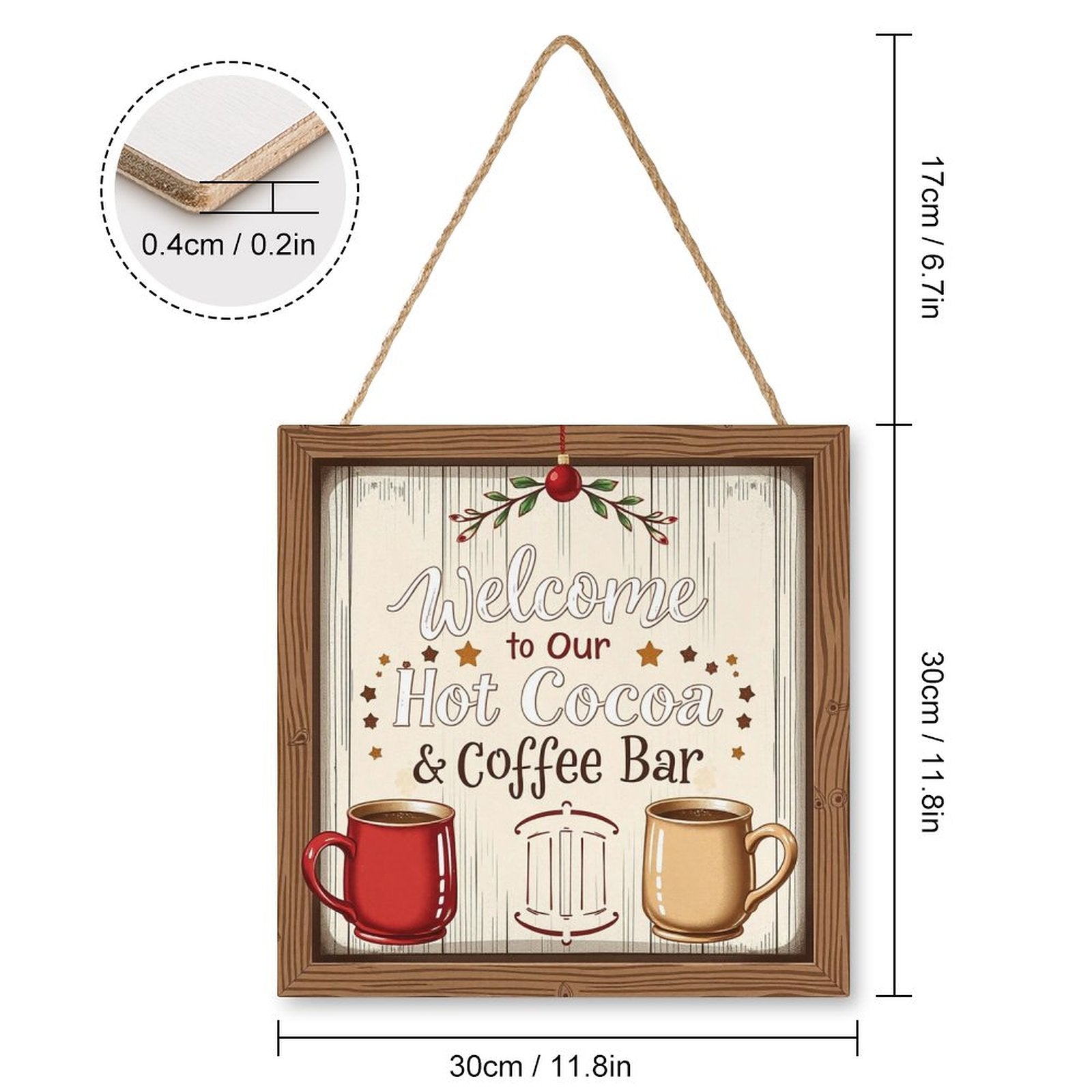 Welcome Coffe Bar Christmas Hot Cocoa Sign Square Wood Wall Decor Hanging Sign-12"x12"/30x30cm