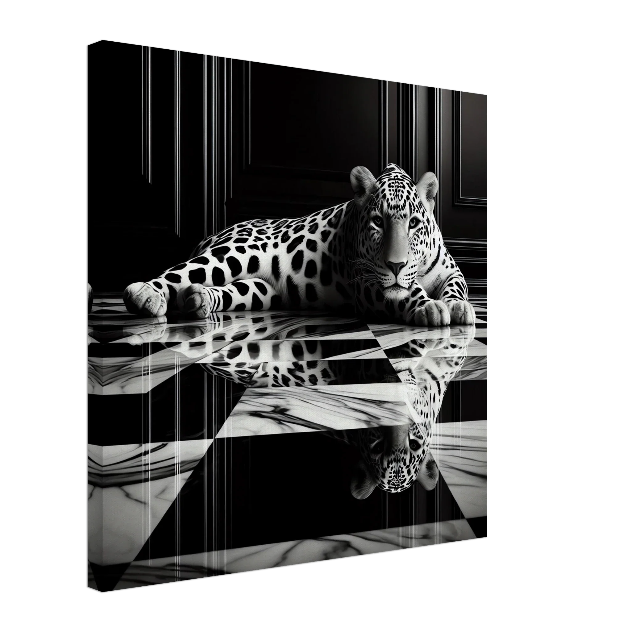 Leopard Canvas Art Print – Striking Design on Black & White Checkered Marble Floor - Print Material -