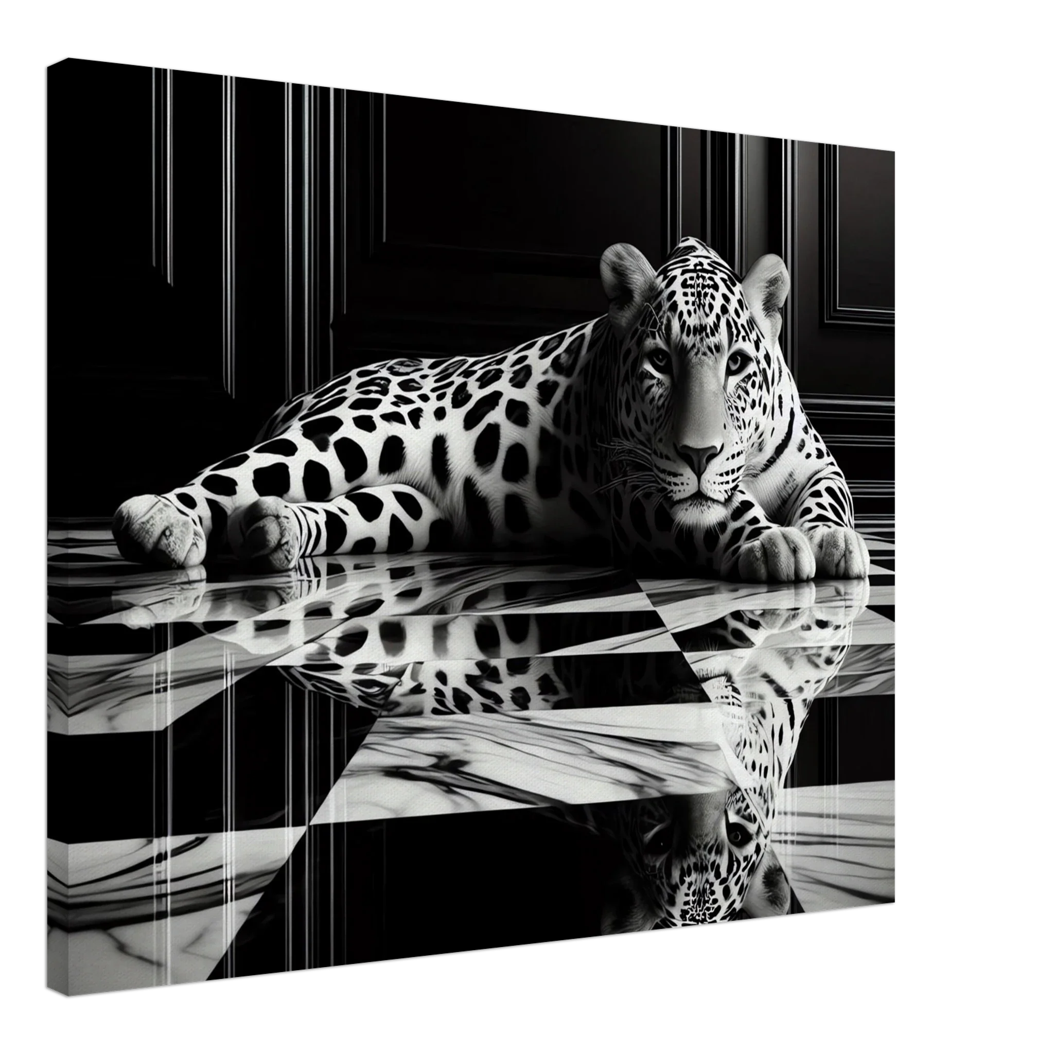 Leopard Canvas Art Print – Striking Design on Black & White Checkered Marble Floor - Print Material -