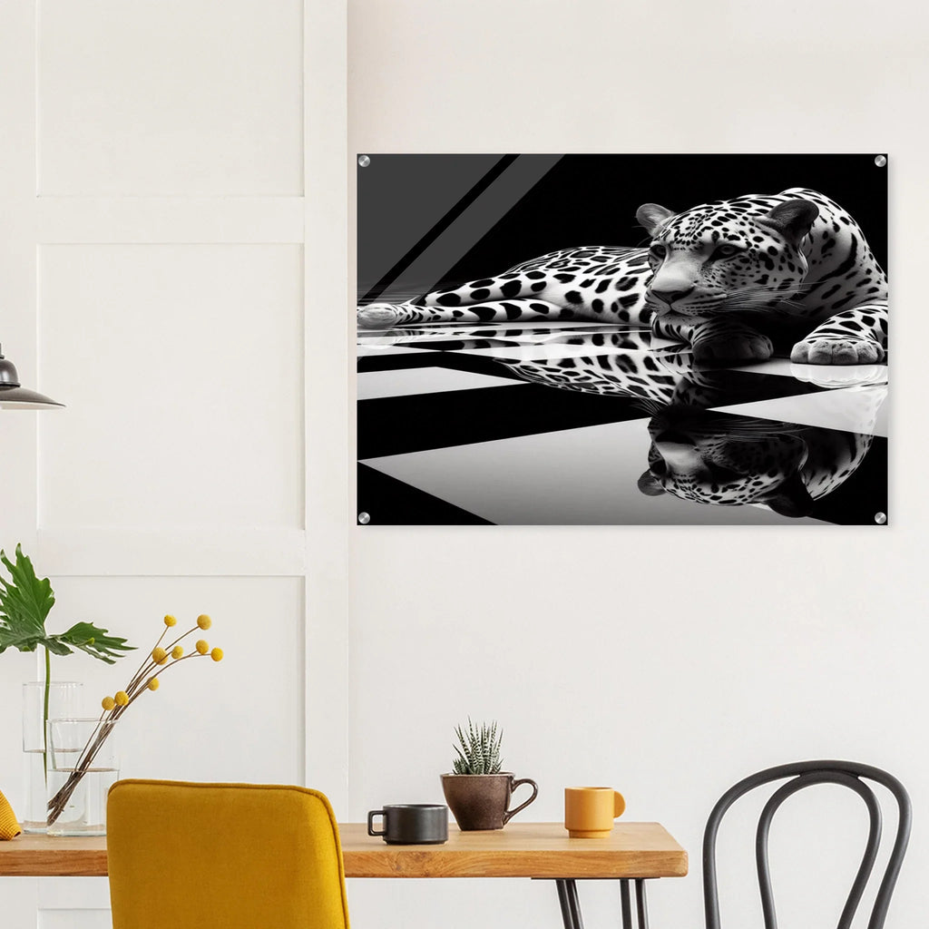 Leopard Acrylic Print on Black and White Checkered Floor – Glossy Finish Wall Art - Print Material -