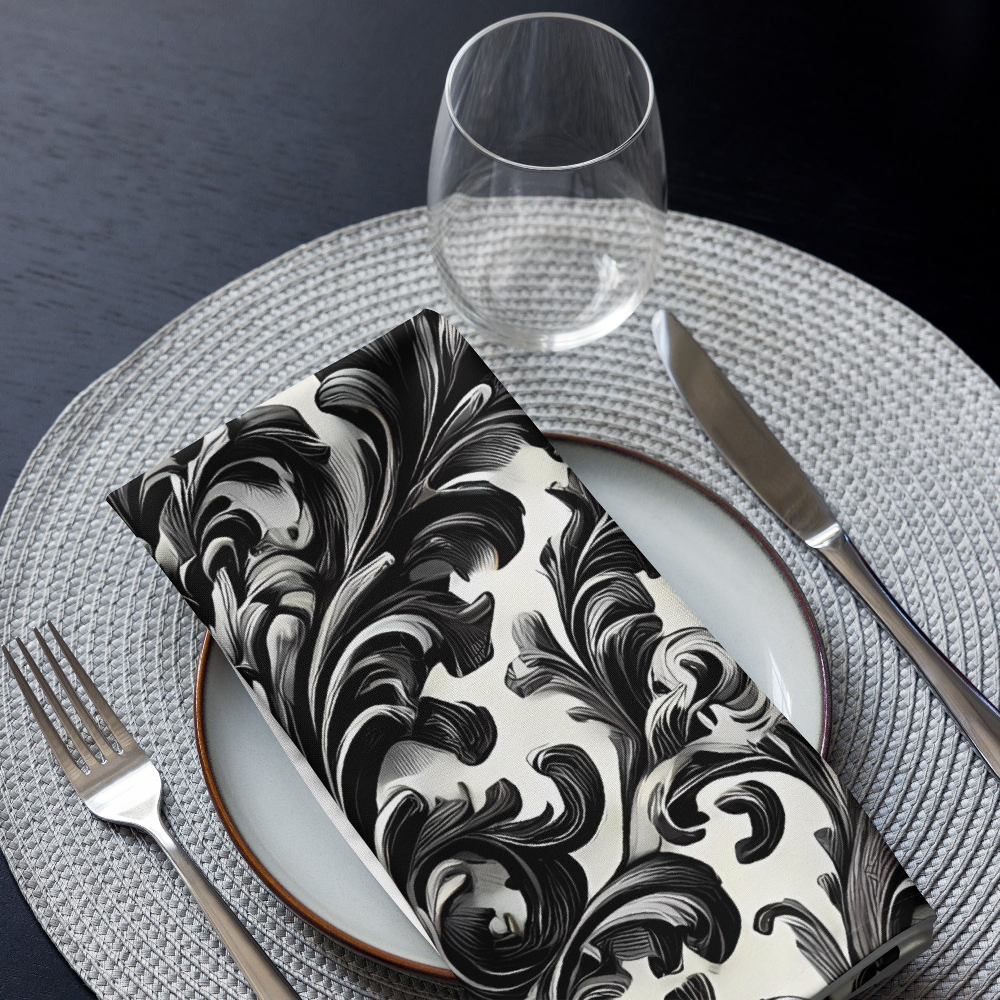 Black and White Damask Cloth Napkin Set - Elegant Reusable Fabric Napkins for Dining, Wedding, and Home Décor -  -