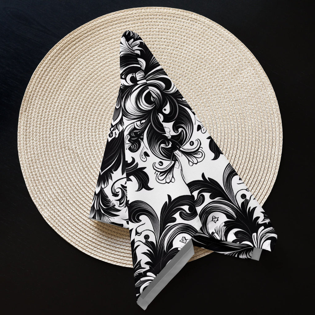 Black and White Damask Cloth Napkin Set – Elegant Reusable Fabric Napkins for Dining & Events -  -