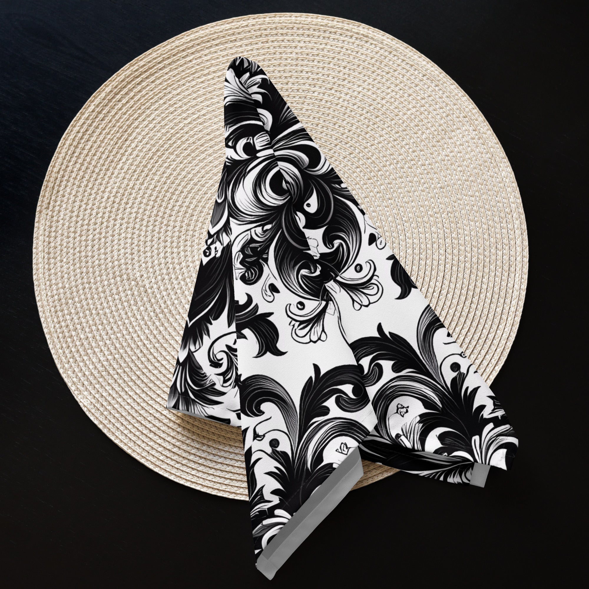Black and White Damask Cloth Napkin Set – Elegant Reusable Fabric Napkins for Dining & Events -  -