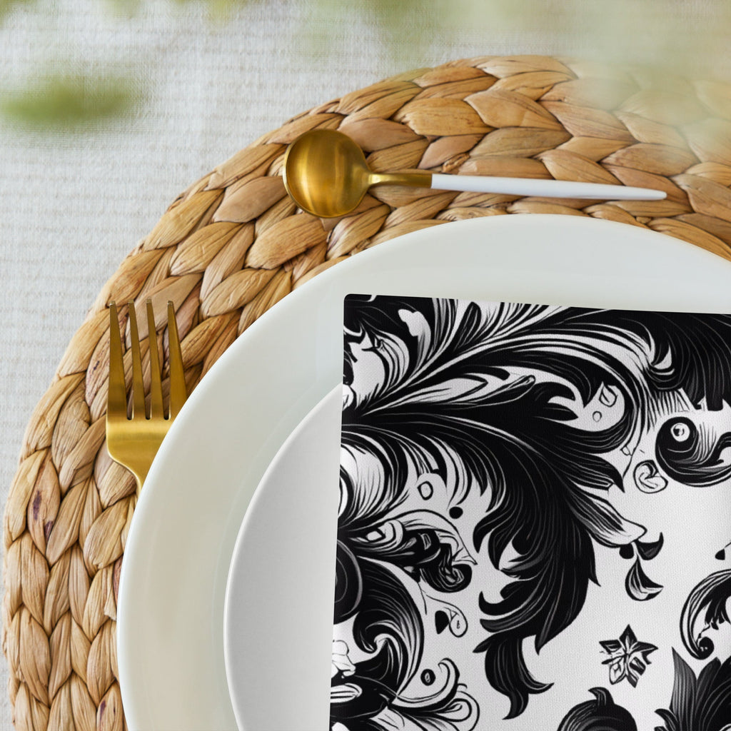 Black and White Damask Cloth Napkin Set – Elegant Reusable Fabric Napkins for Dining & Events -  -