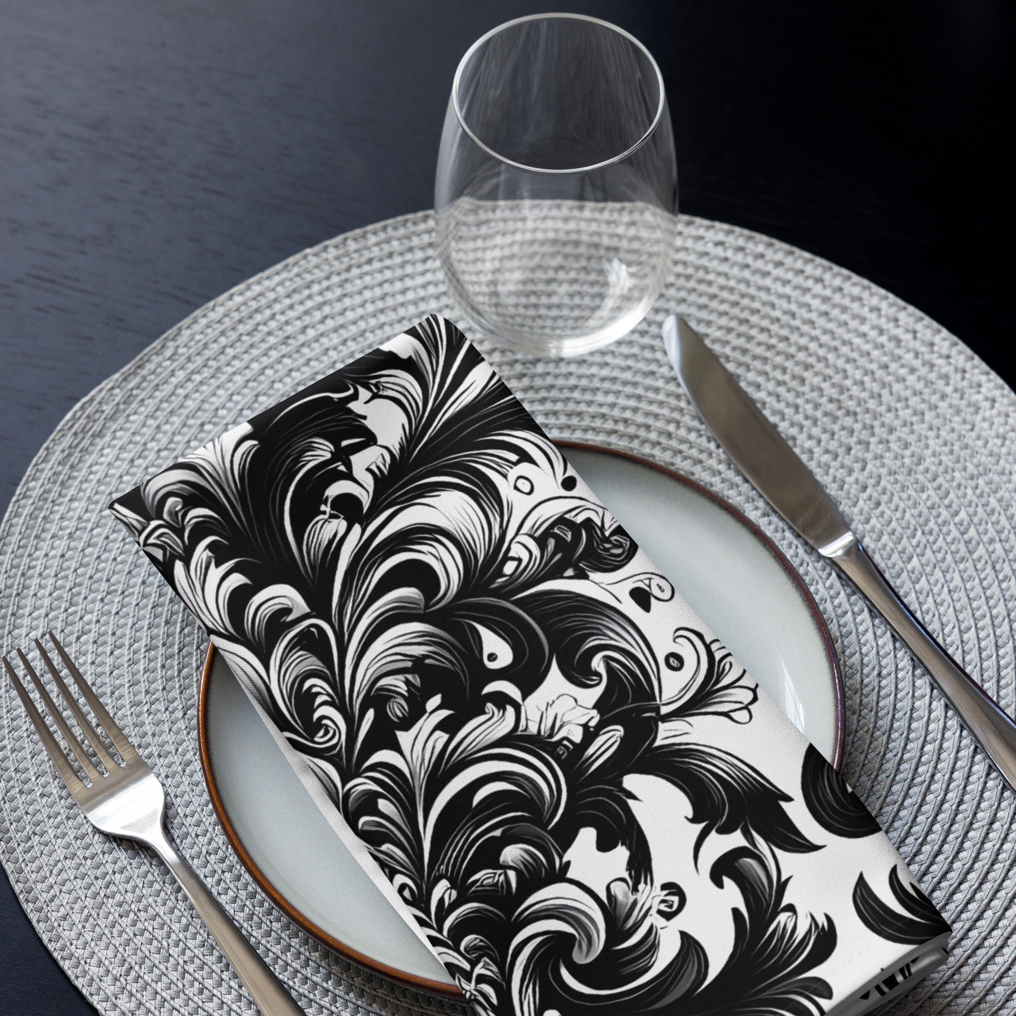 Black and White Damask Cloth Napkin Set – Elegant Reusable Fabric Napkins for Dining & Events -  -