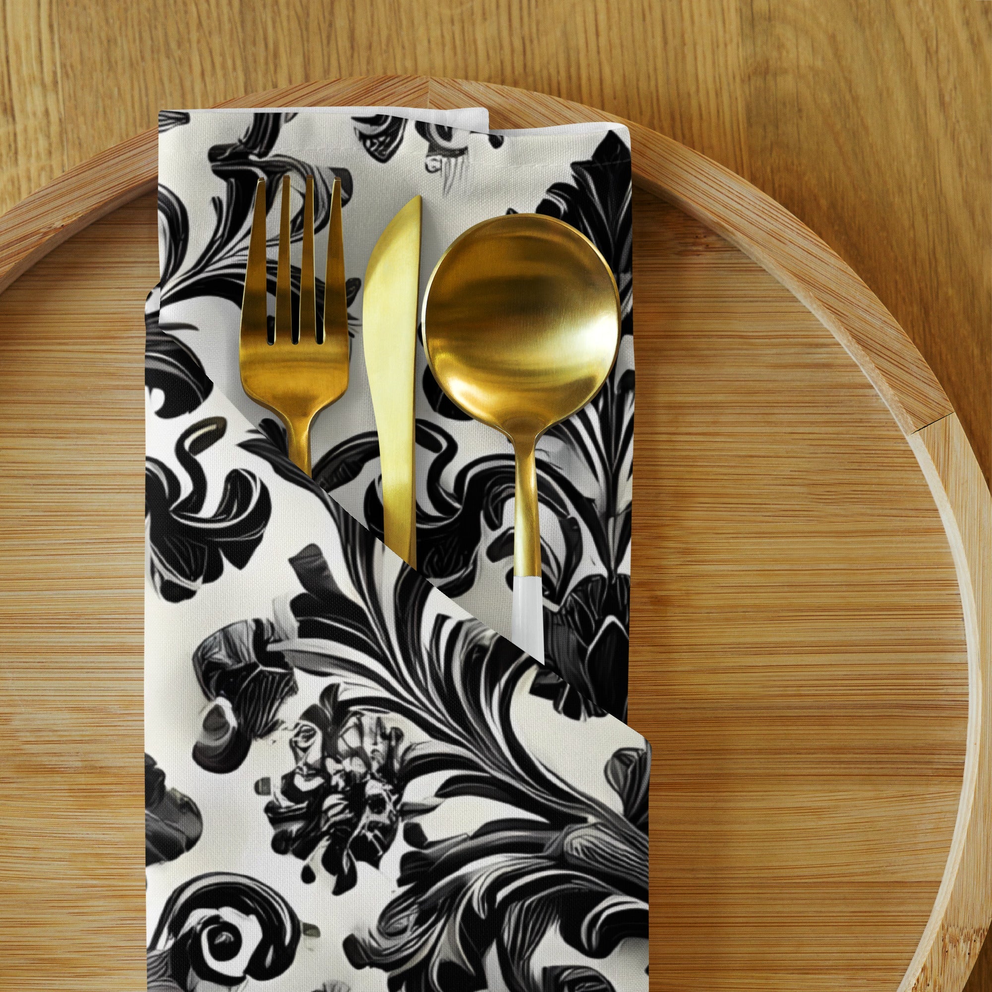 Black and White Damask Cloth Napkin Set - Elegant Reusable Fabric Napkins for Dining, Wedding, and Home Décor -  -