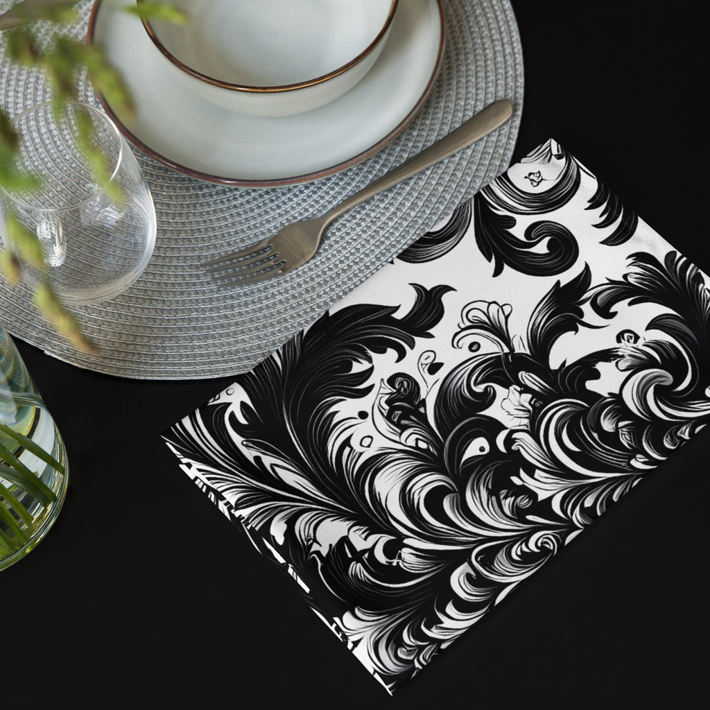 Black and White Damask Cloth Napkin Set – Elegant Reusable Fabric Napkins for Dining & Events -  -