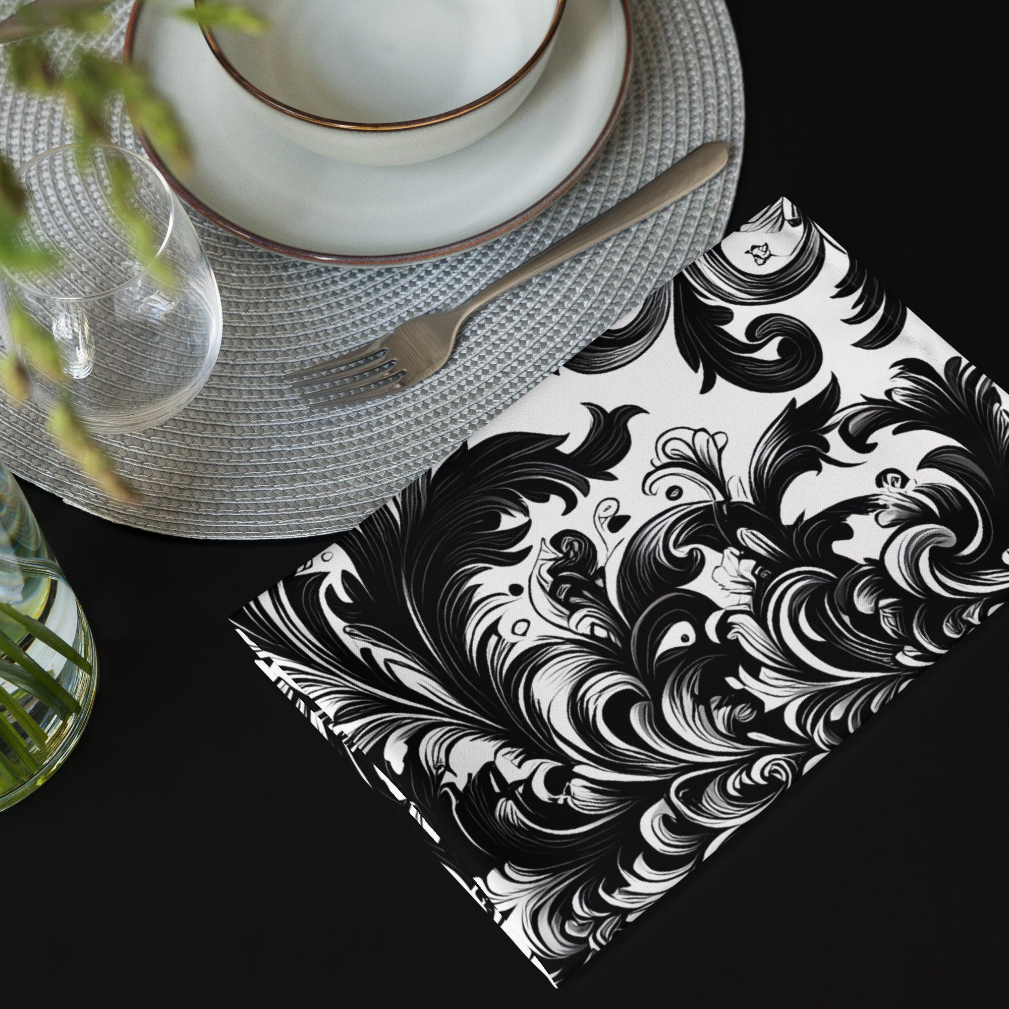 Black and White Damask Cloth Napkin Set – Elegant Reusable Fabric Napkins for Dining & Events -  -