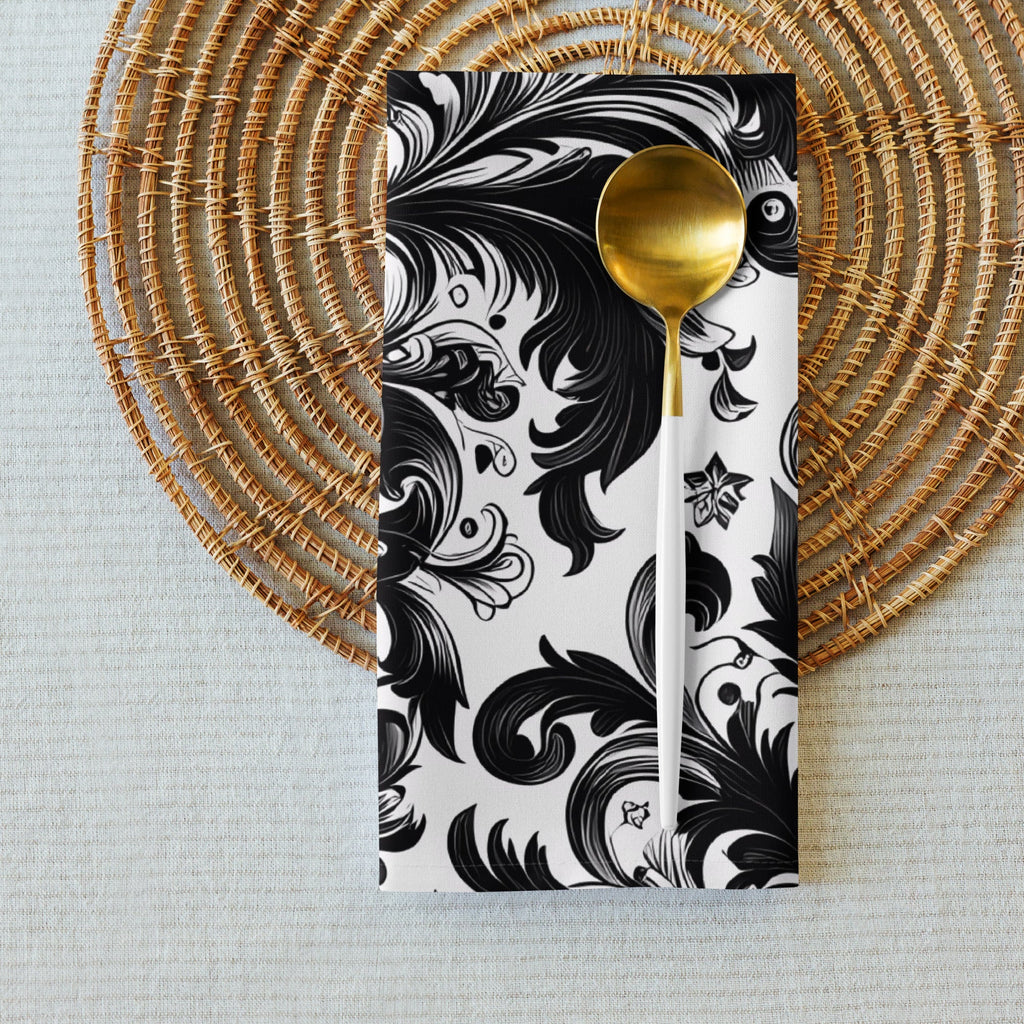 Black and White Damask Cloth Napkin Set – Elegant Reusable Fabric Napkins for Dining & Events -  -