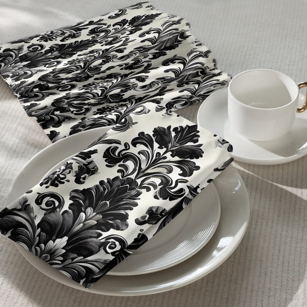 Black and White Damask Cloth Napkin Set - Elegant Reusable Fabric Napkins for Dining, Wedding, and Home Décor -  -