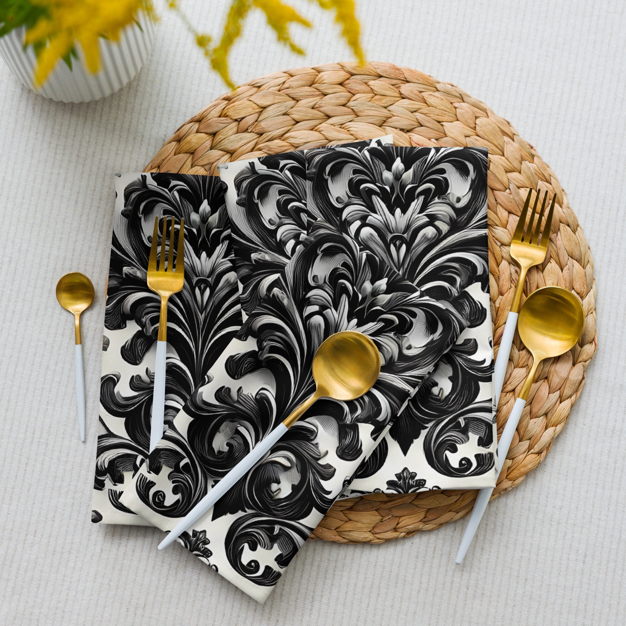 Black and White Damask Cloth Napkin Set - Elegant Reusable Fabric Napkins for Dining, Wedding, and Home Décor -  -