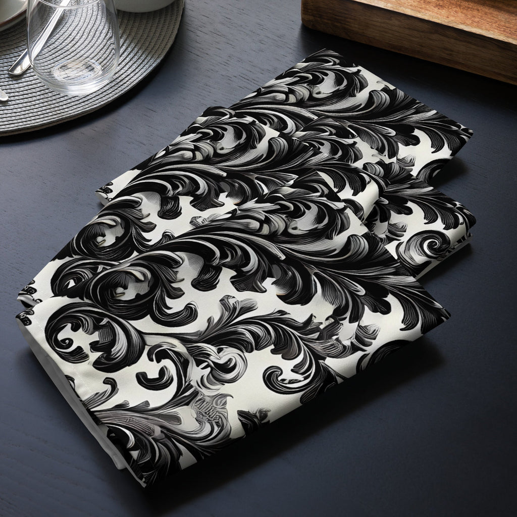 Black and White Damask Cloth Napkin Set - Elegant Reusable Fabric Napkins for Dining, Wedding, and Home Décor -  -