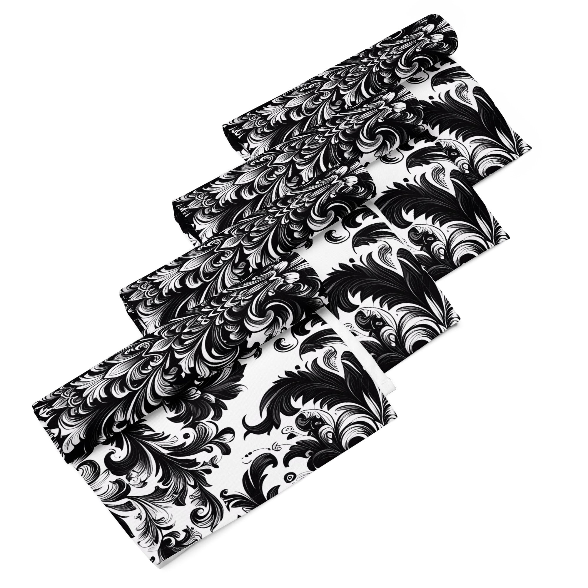 Black and White Damask Cloth Napkin Set – Elegant Reusable Fabric Napkins for Dining & Events -  -