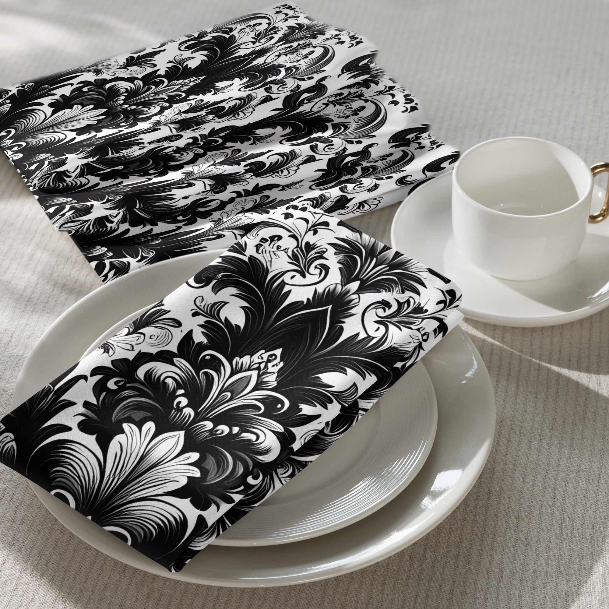 Black and White Damask Cloth Napkin Set – Elegant Reusable Fabric Napkins for Dining & Events -  -
