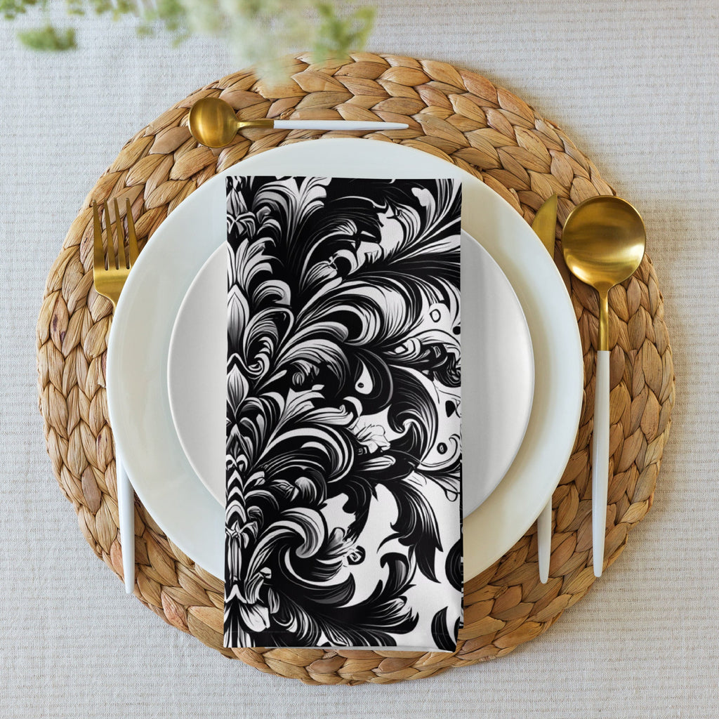 Black and White Damask Cloth Napkin Set – Elegant Reusable Fabric Napkins for Dining & Events -  -