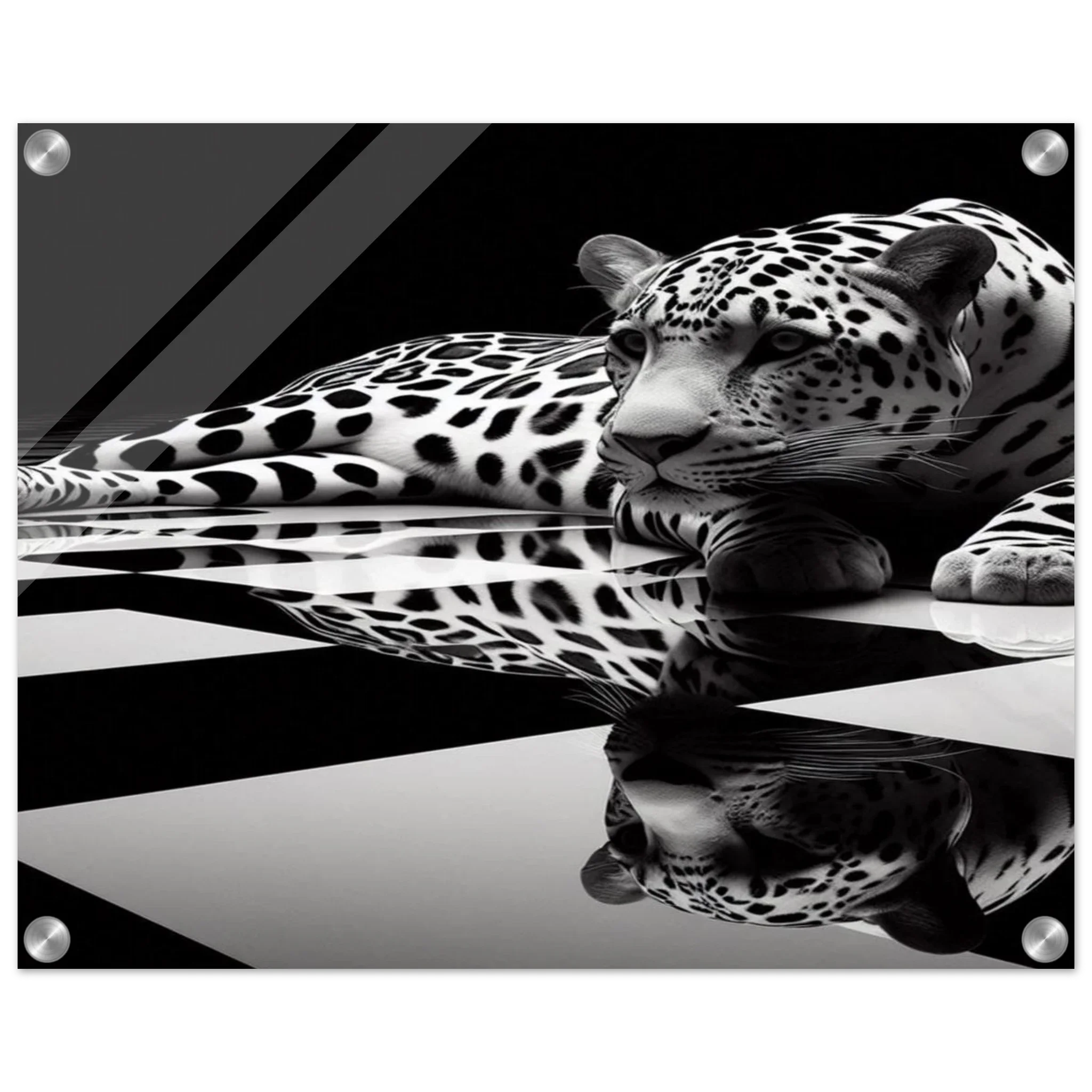Leopard Acrylic Print on Black and White Checkered Floor – Glossy Finish Wall Art - Print Material -