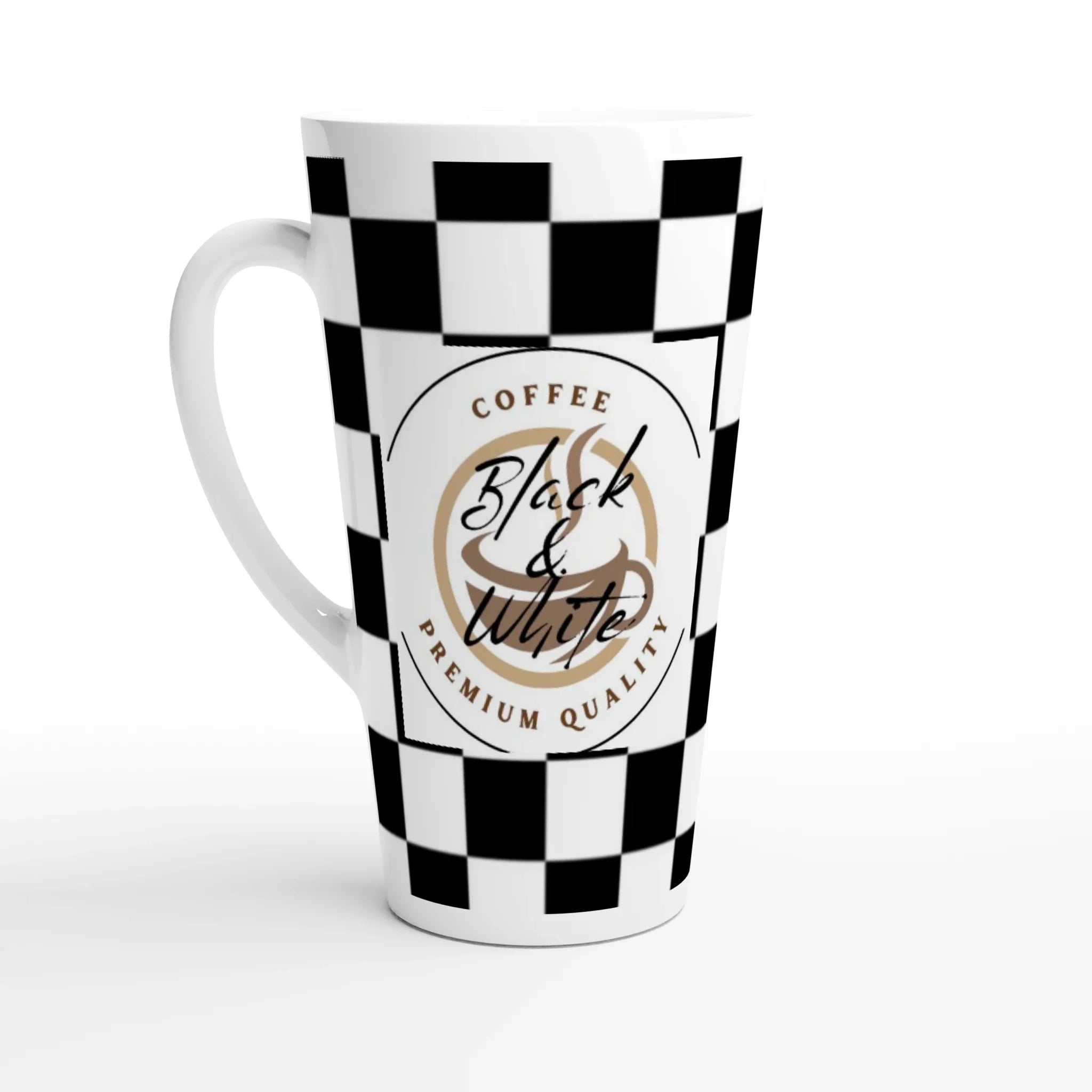 Elegant Black and White Checkered Ceramic Latte Mug - 17oz Coffee Cup - Print Material -