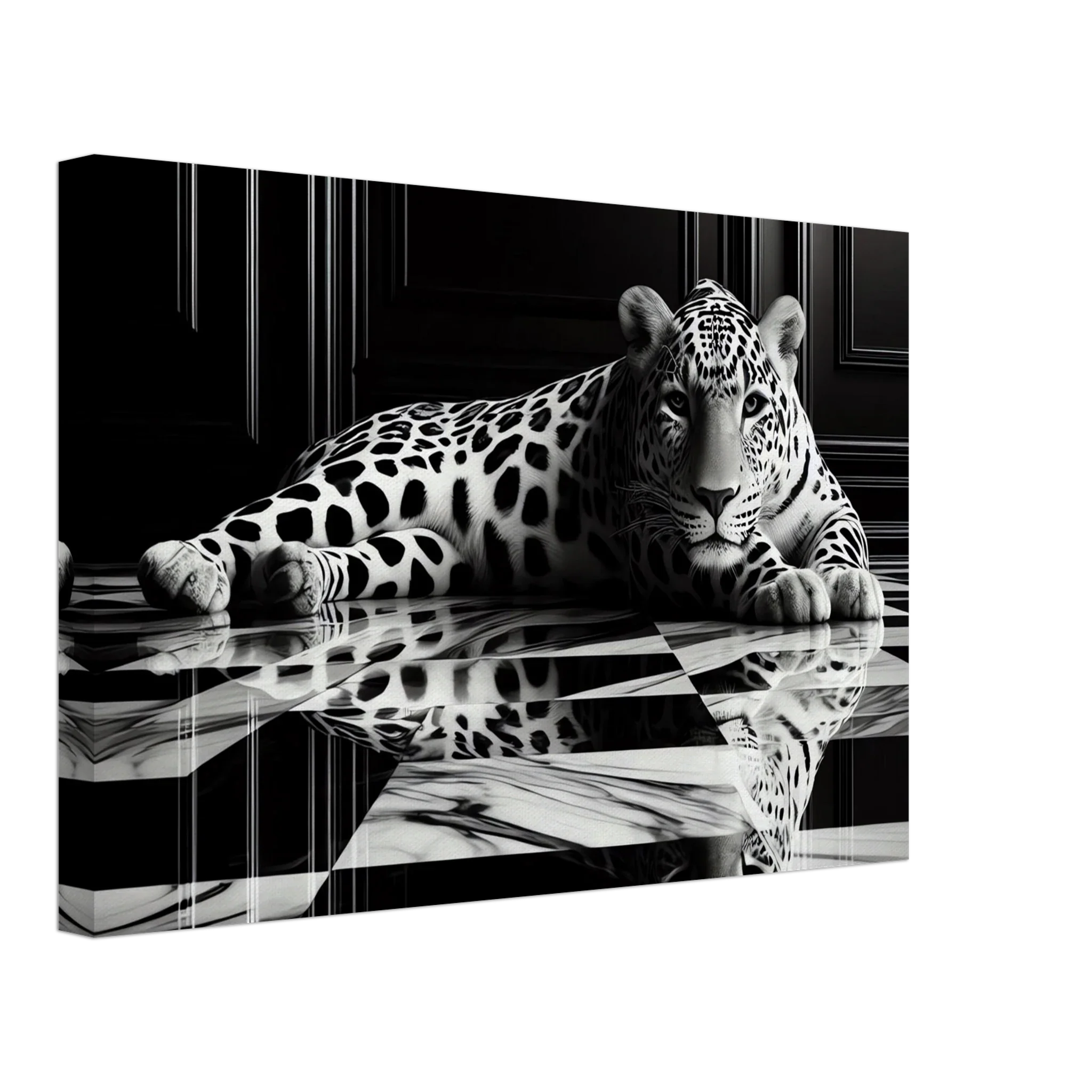 Leopard Canvas Art Print – Striking Design on Black & White Checkered Marble Floor - Print Material -
