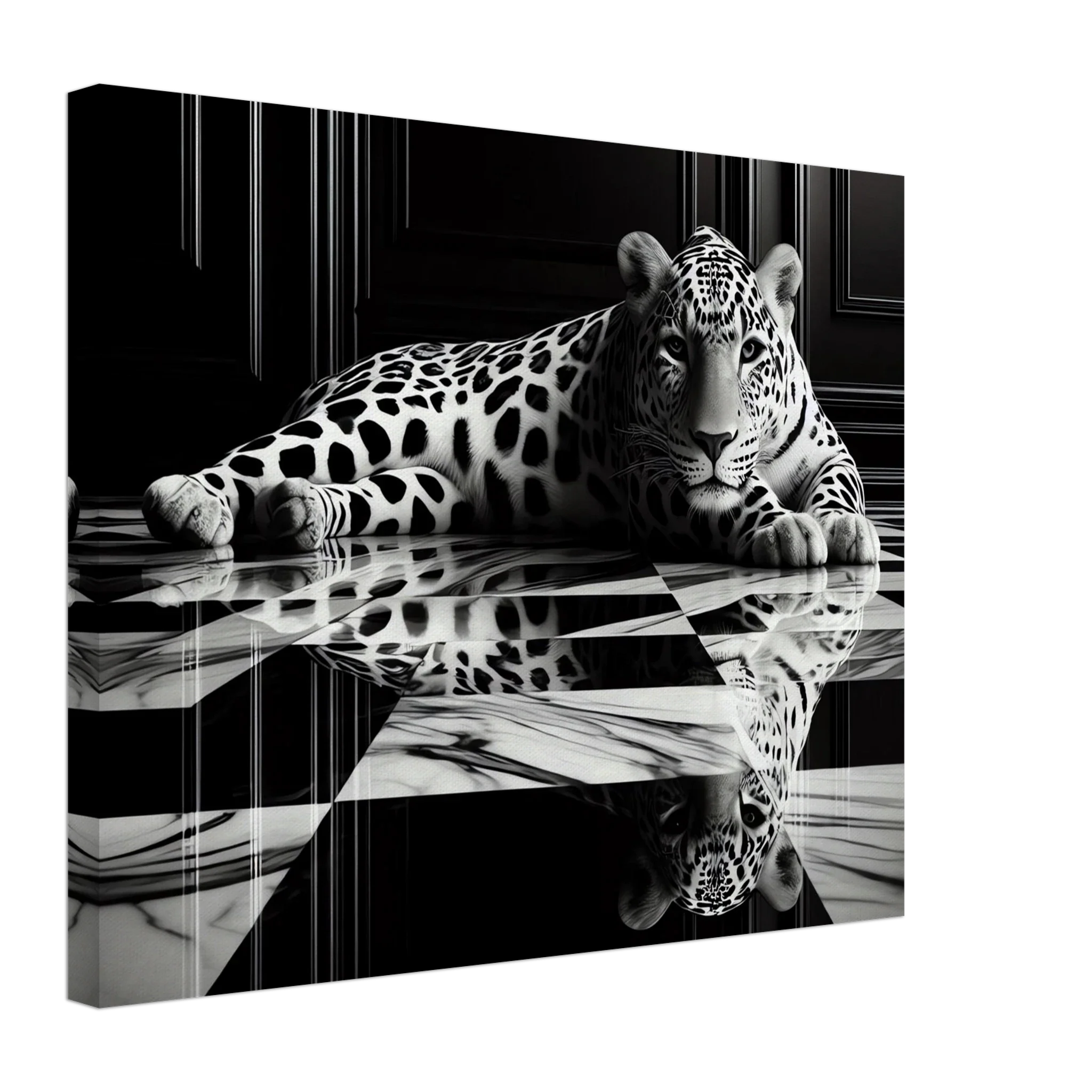Leopard Canvas Art Print – Striking Design on Black & White Checkered Marble Floor - Print Material -