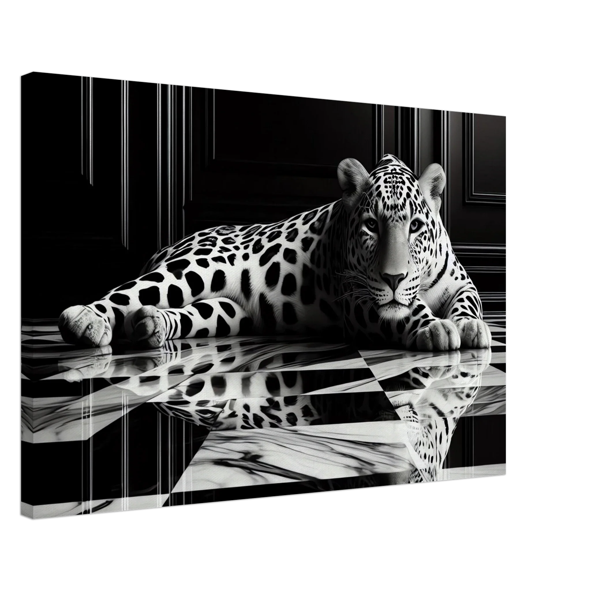 Leopard Canvas Art Print – Striking Design on Black & White Checkered Marble Floor - Print Material -