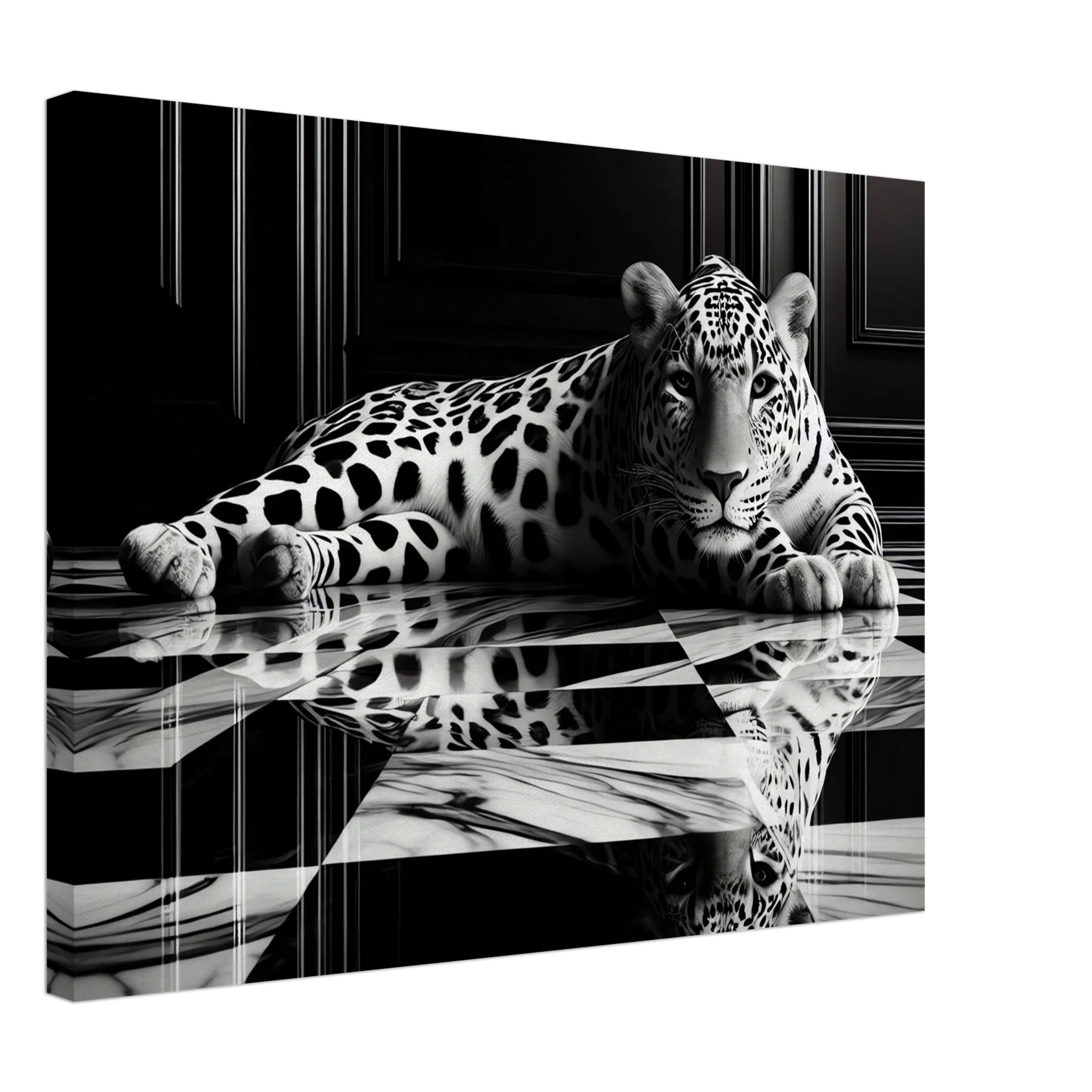 Leopard Canvas Art Print – Striking Design on Black & White Checkered Marble Floor - Print Material -