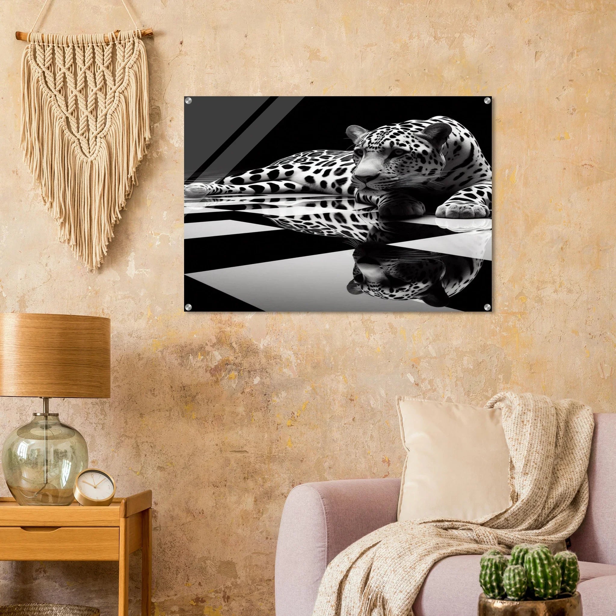 Leopard Acrylic Print on Black and White Checkered Floor – Glossy Finish Wall Art - Print Material -