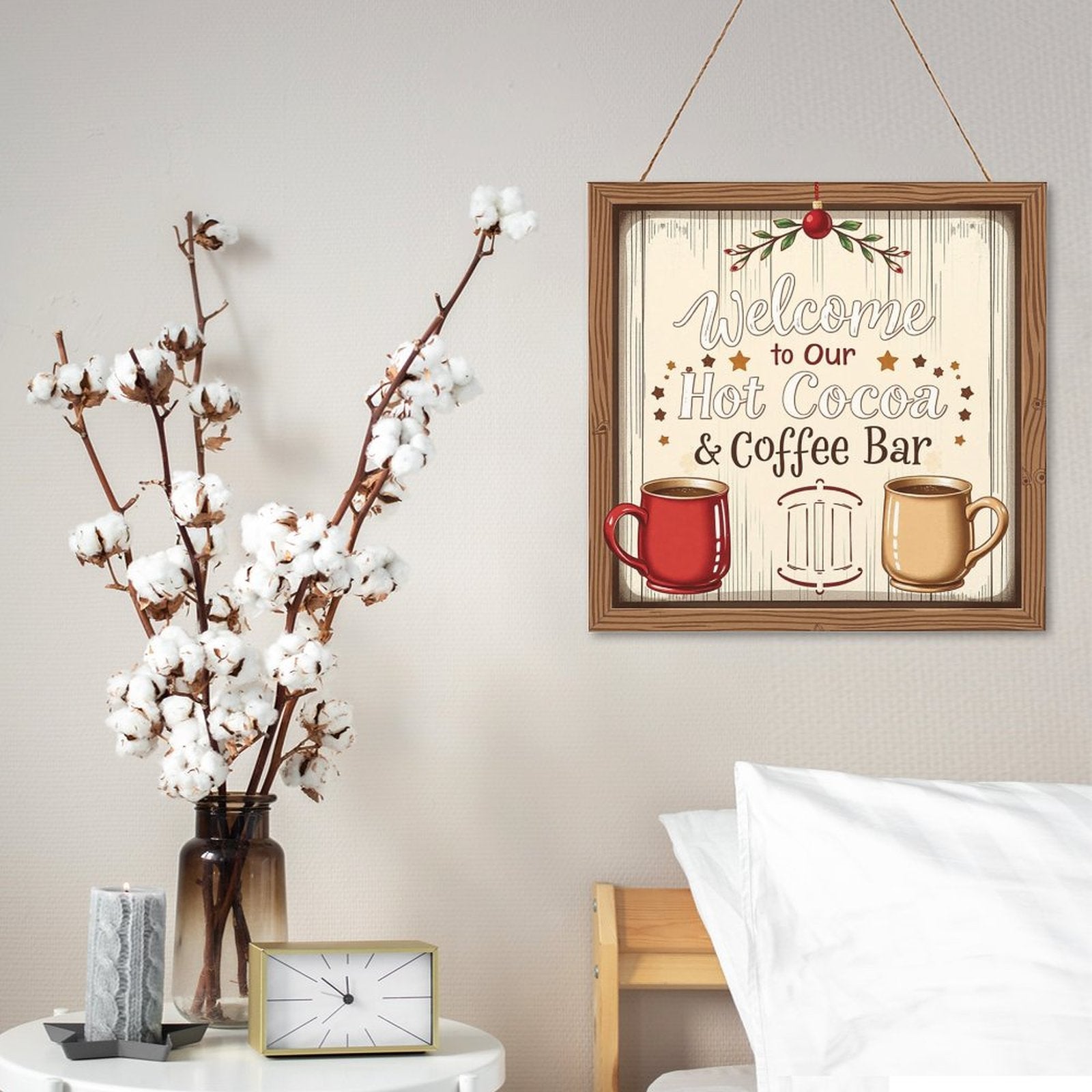 Welcome Coffe Bar Christmas Hot Cocoa Sign Square Wood Wall Decor Hanging Sign-12"x12"/30x30cm