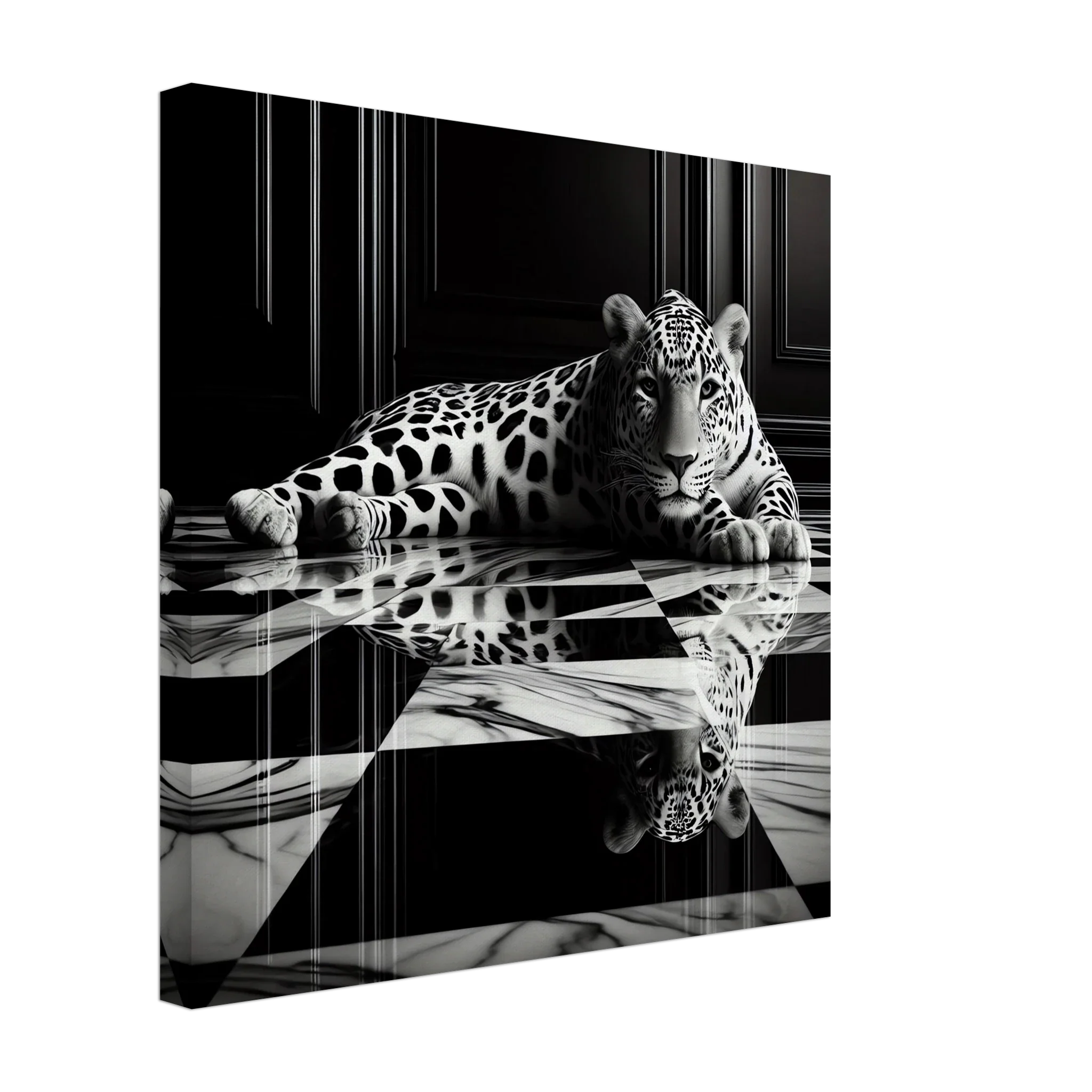 Leopard Canvas Art Print – Striking Design on Black & White Checkered Marble Floor - Print Material -