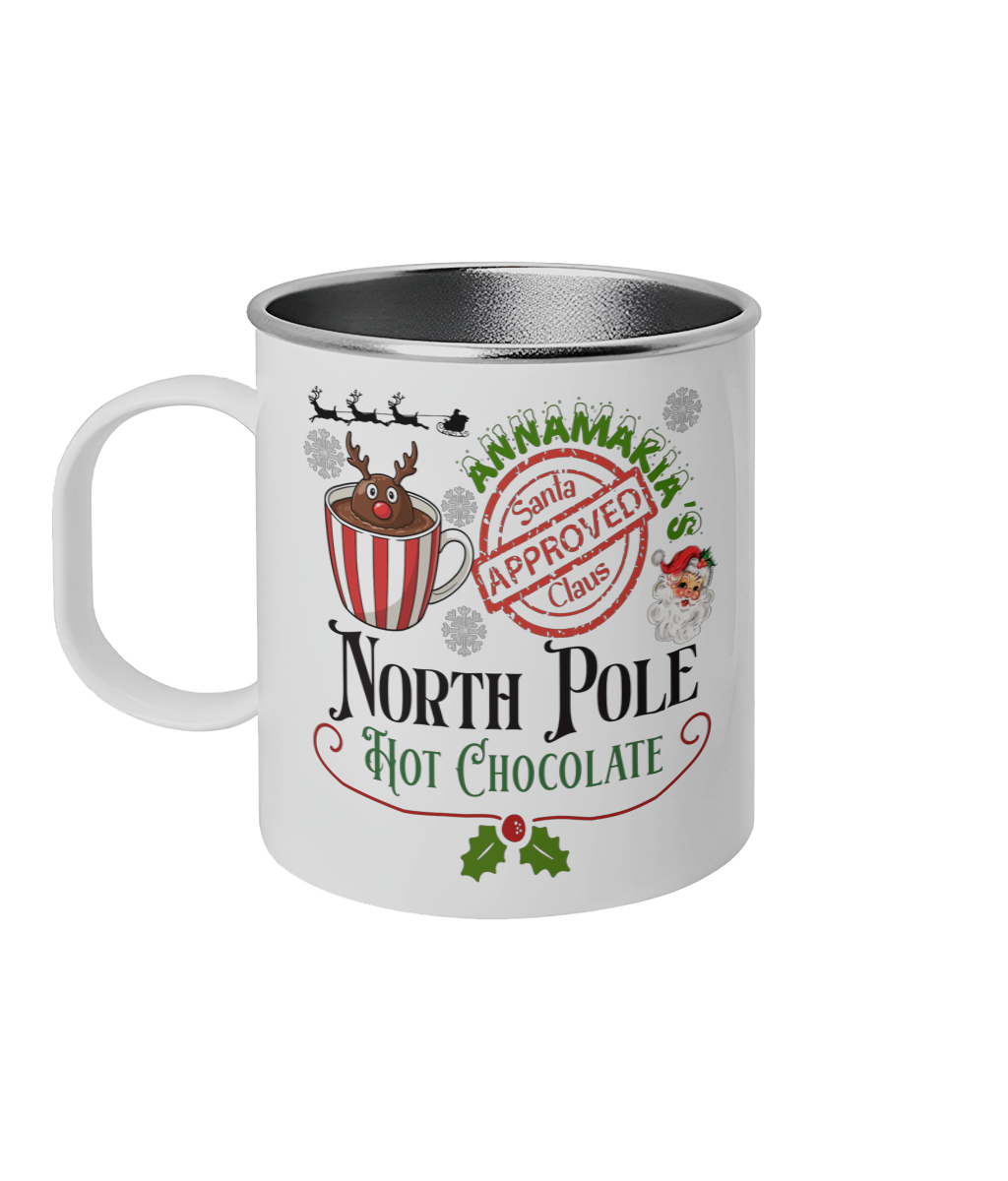 Personalized Christmas North Pole Hot Chocolate Mug Stainless Steel Cup, Custom Holiday Cocoa Mug by BlackAndWhiteLux Store