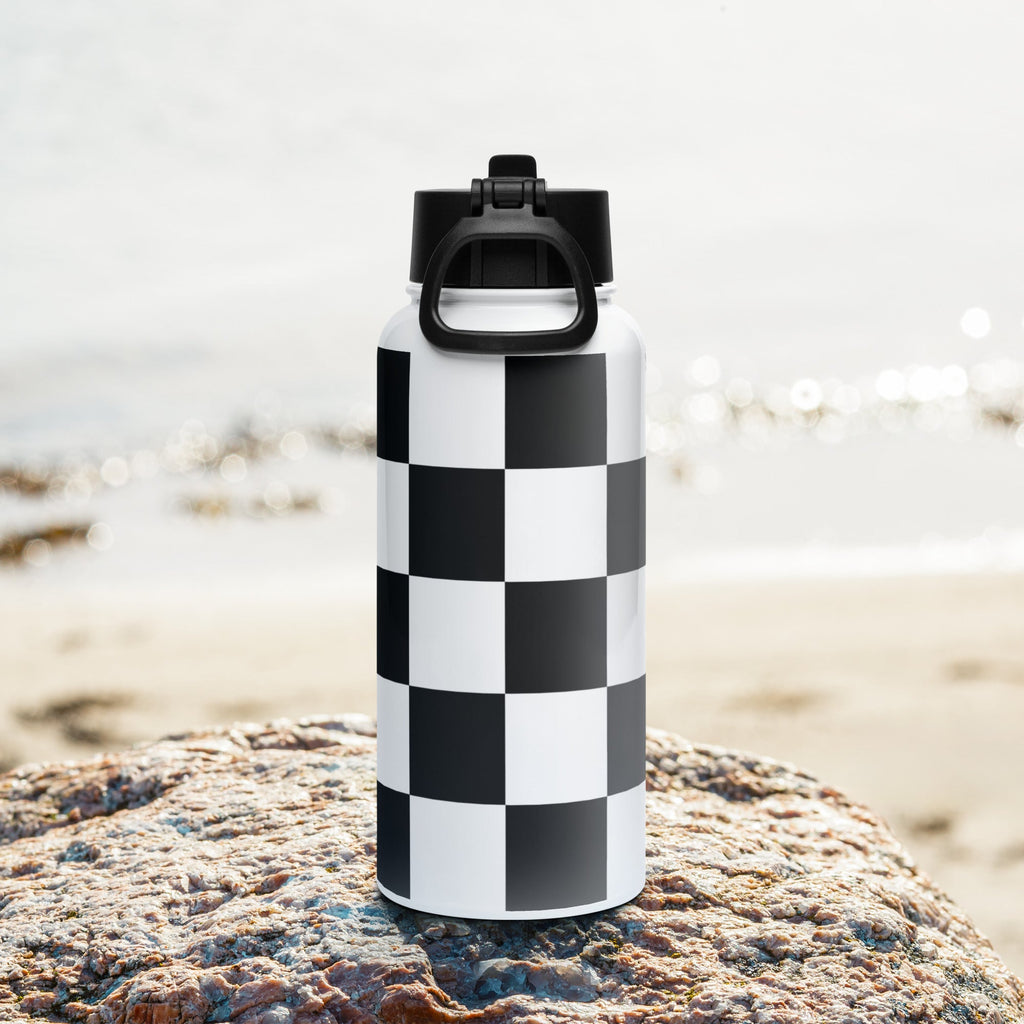 Checkered Stainless Steel Water Bottle with Straw Lid – Black & White, Leakproof & Reusable -  -