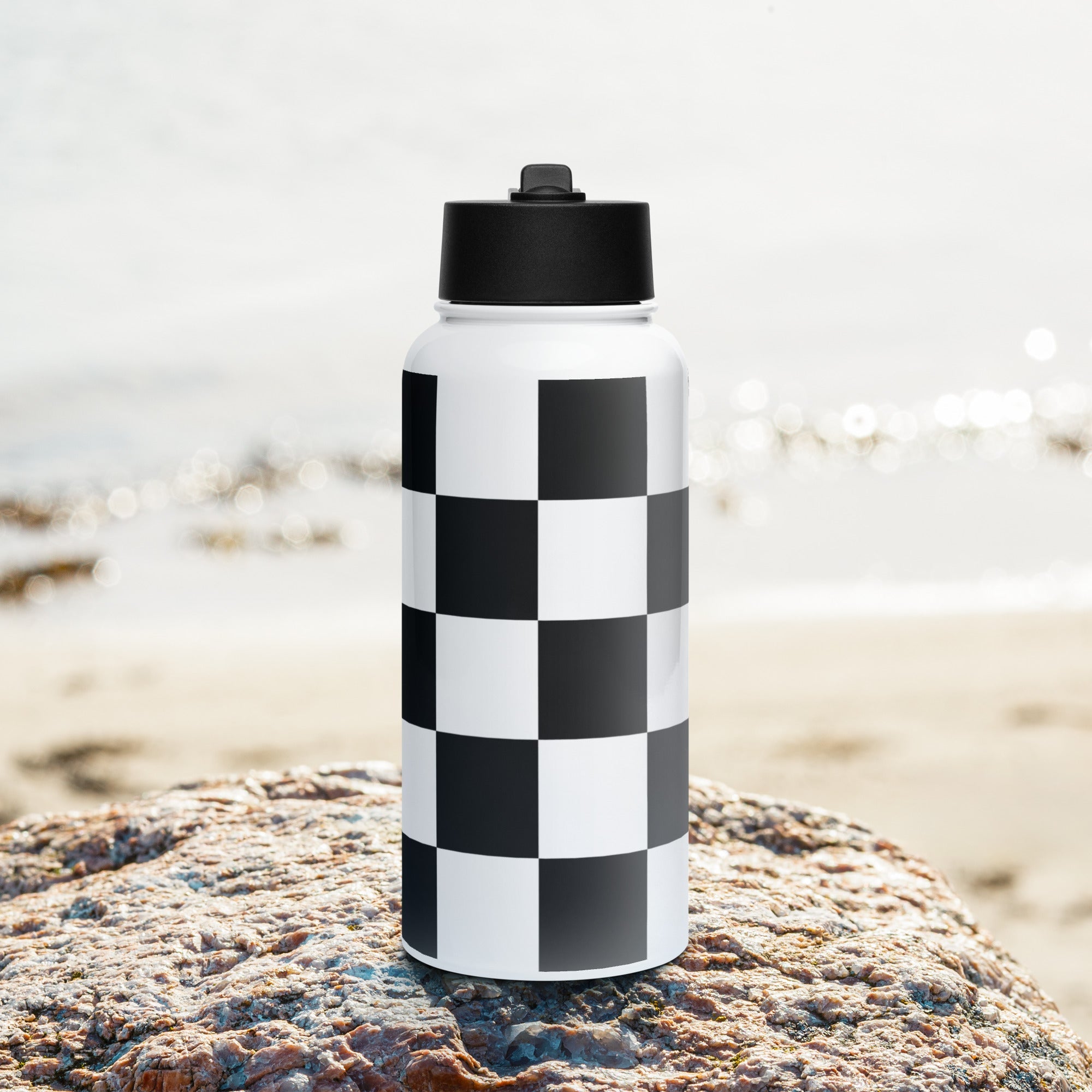 Checkered Stainless Steel Water Bottle with Straw Lid – Black & White, Leakproof & Reusable -  -