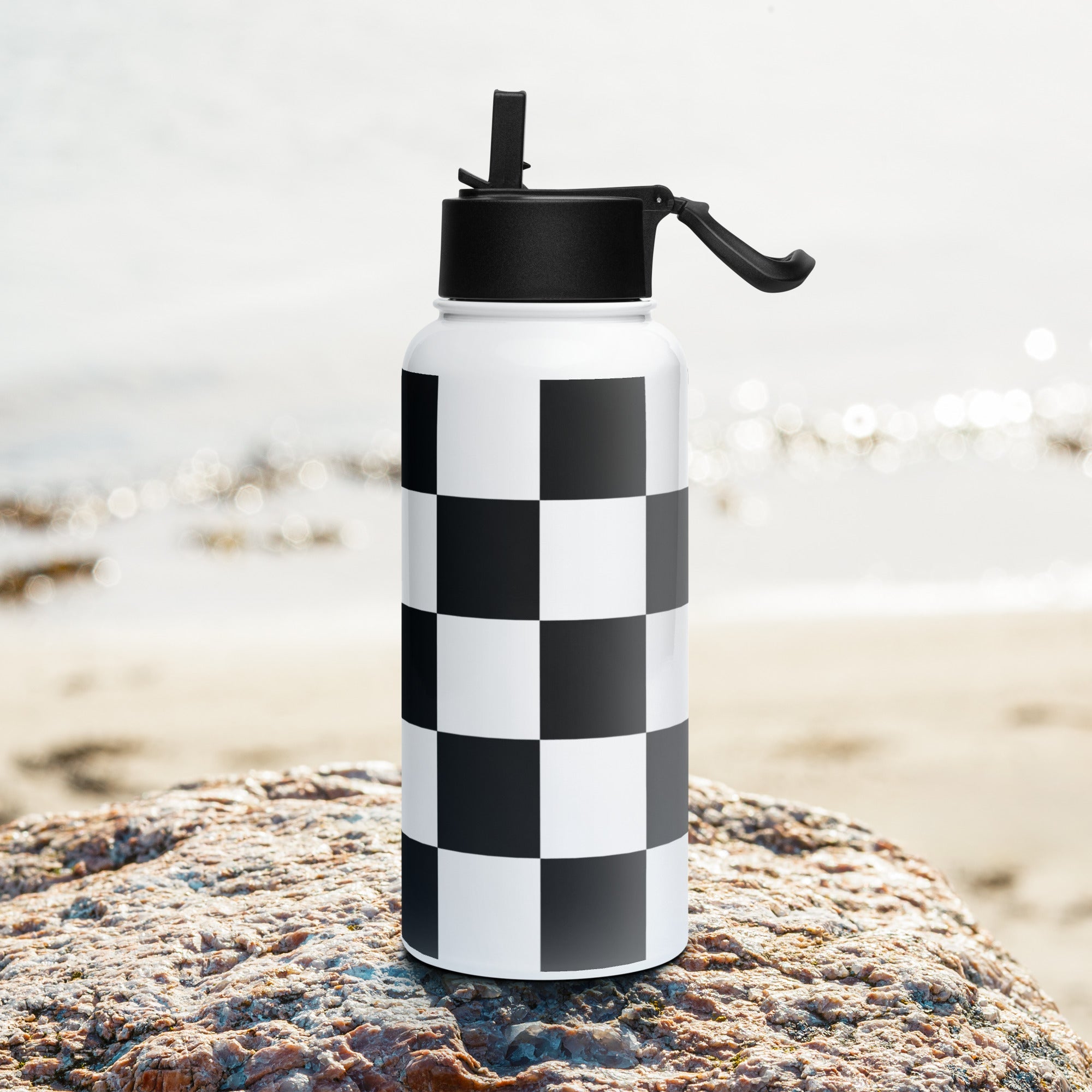Checkered Stainless Steel Water Bottle with Straw Lid – Black & White, Leakproof & Reusable -  -