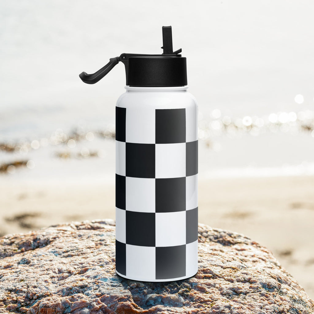 Checkered Stainless Steel Water Bottle with Straw Lid – Black & White, Leakproof & Reusable -  -