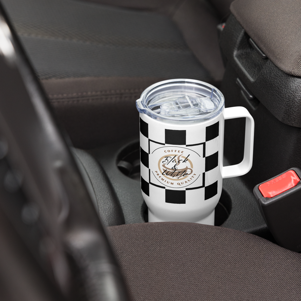 Black and White Travel Coffee Mug with Handle – Insulated Reusable Tumbler for Hot and Cold Drinks - Mug -