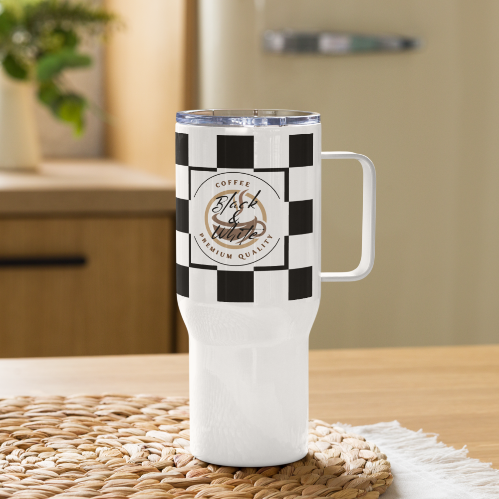 Black and White Travel Coffee Mug with Handle – Insulated Reusable Tumbler for Hot and Cold Drinks - Mug -
