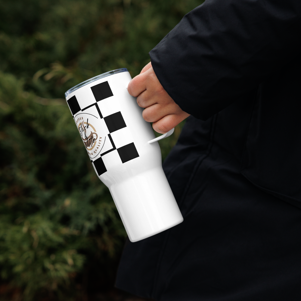 Black and White Travel Coffee Mug with Handle – Insulated Reusable Tumbler for Hot and Cold Drinks